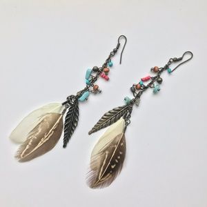 Beaded Feathered Earrings / Boho, Hippy, Vintage